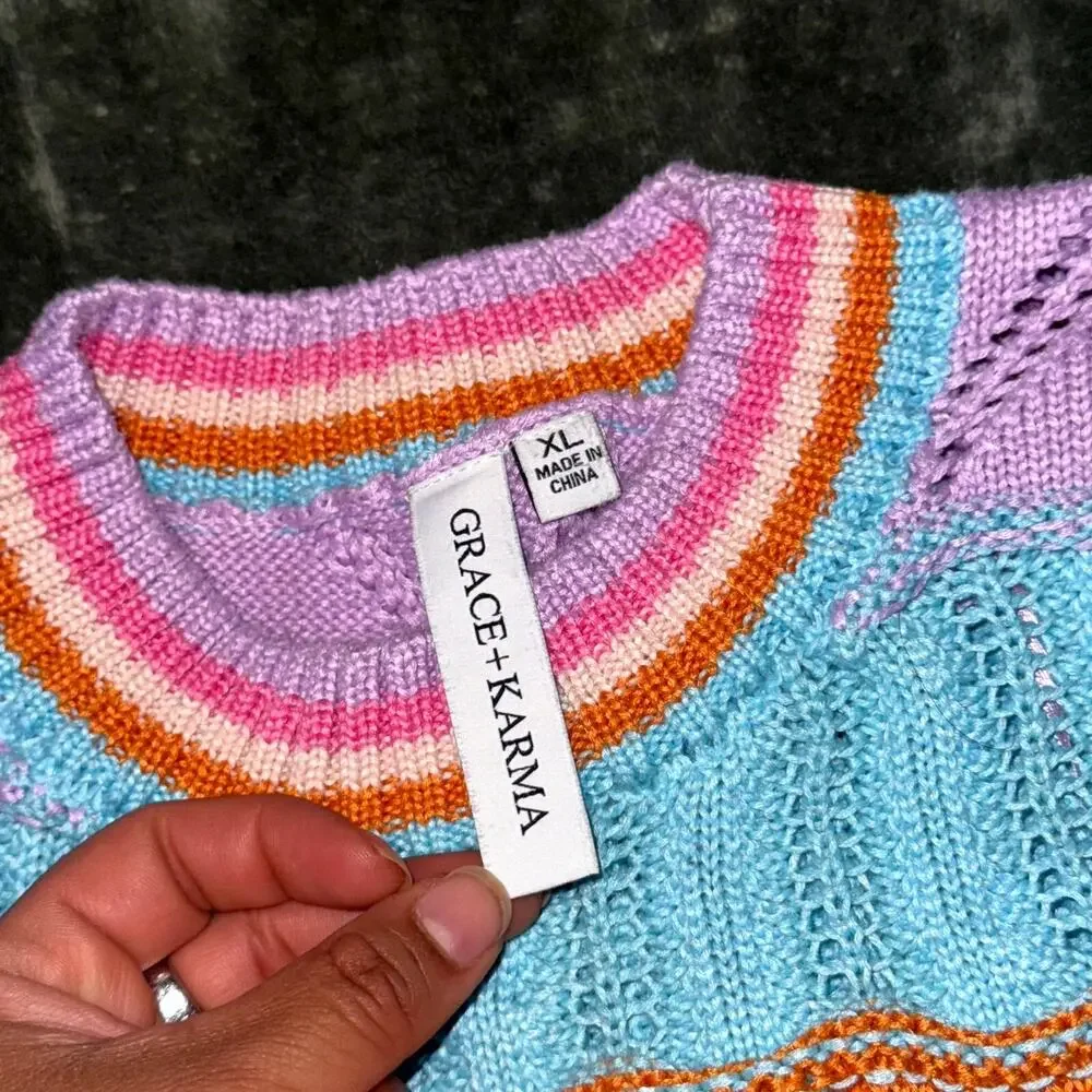 Grace & Karma Short Sleeve Sweater Women's XL Multicolor Striped Crochet Knitted